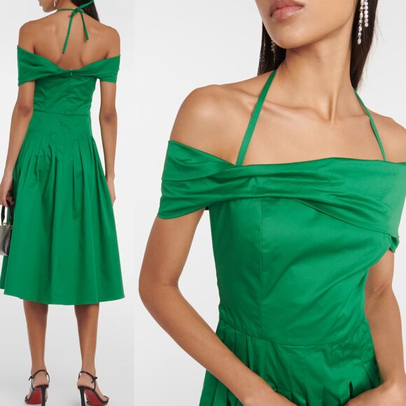 Oscar de la Renta Off-Shoulder Silk Midi Dress Green Pre-Spring 2024 4 - Picture 2 of 8